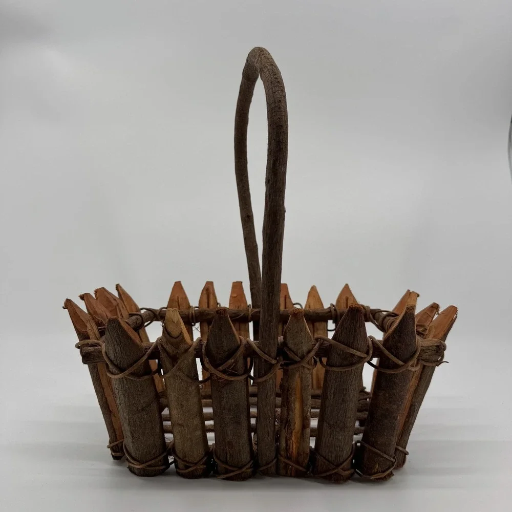 Vtg Rustic Twig Wood Basket Primitive Split Wood Handmade Farmhouse Gathering